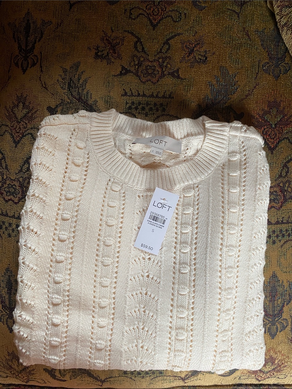 LOFT 100% Cotton Cream Cable & Bobble Crewneck Sweater Size S New with Tags